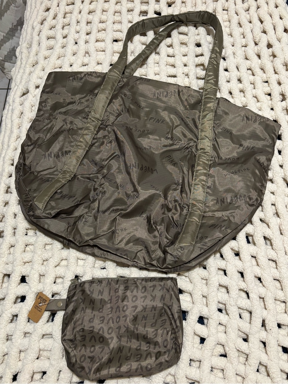 PINK Victoria's Secret Olive Green Puffy Tote with Matching Pouch